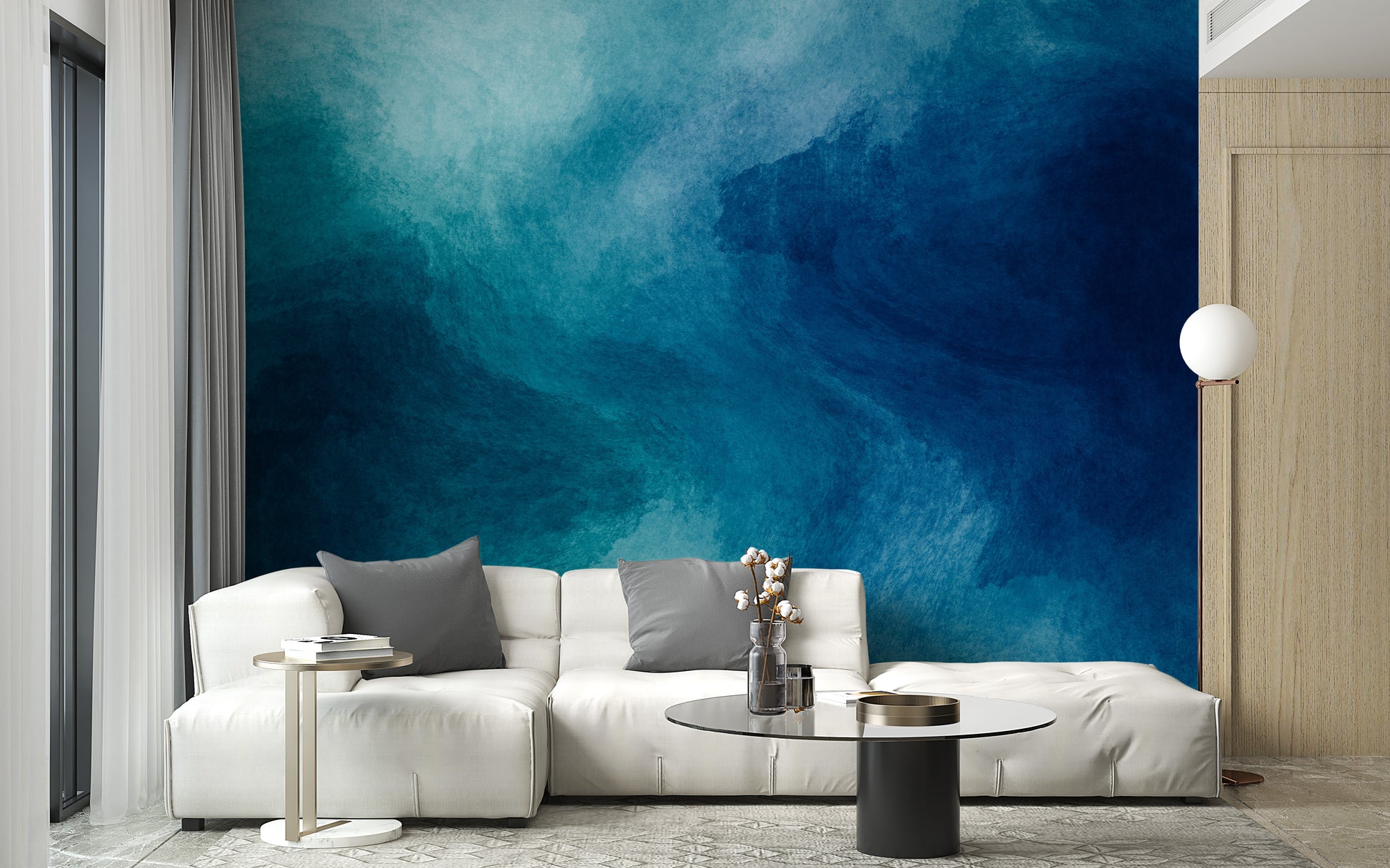 Blue Watercolor Liquid Paint wallpaper mural shown as a full feature wall that highlights the design