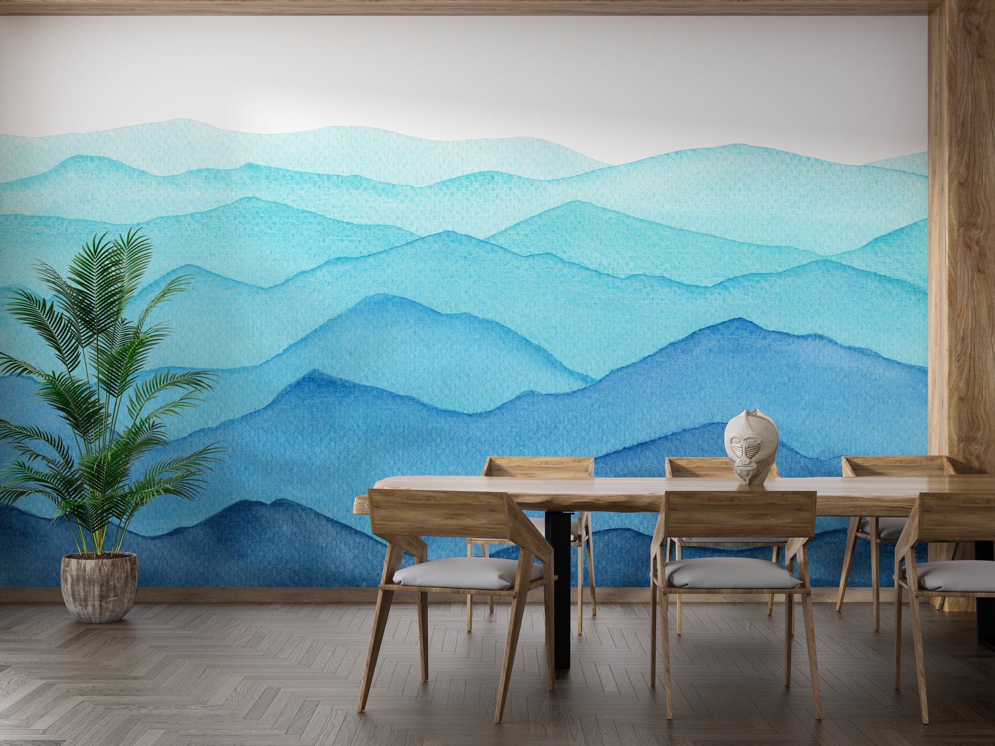 Blue Watercolor Waves Mountains Wallpaper Murals - Giffywalls