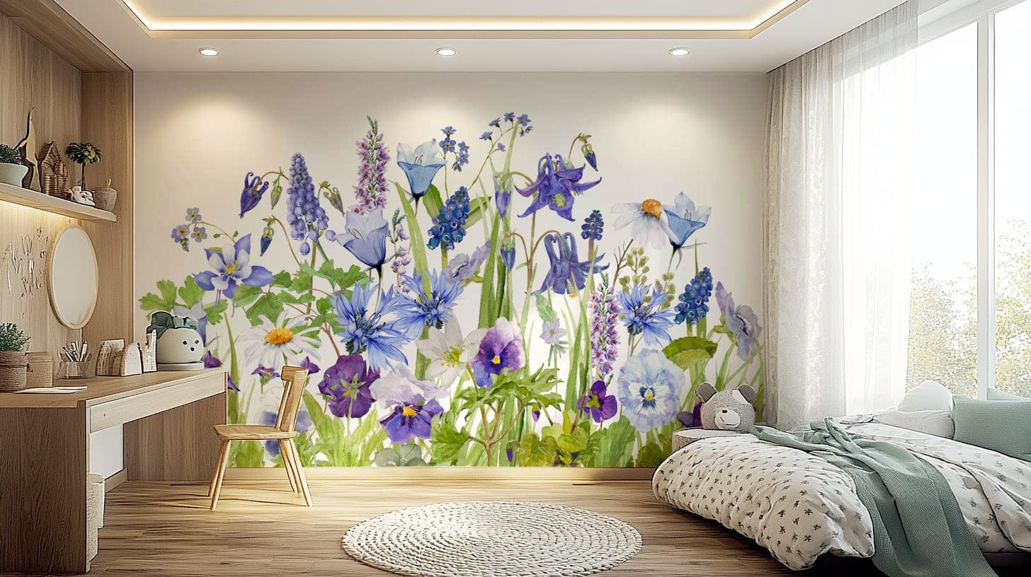The mural shows a large-scale floral scene.

