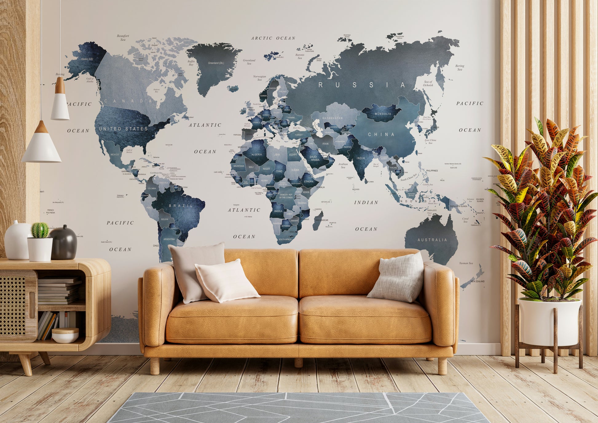 Modern blue world map for walls

