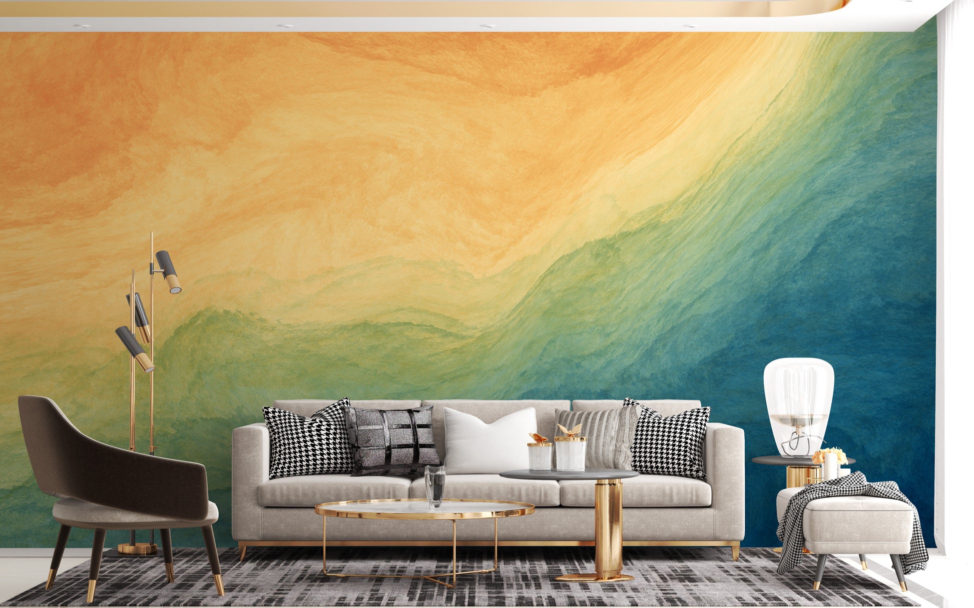 Artistic ombre wall mural in blue and yellow
