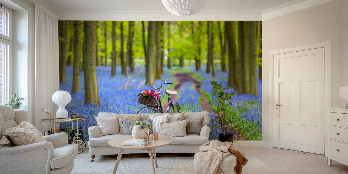 Bluebell Bicycle Dreams Wall Mural in an open plan living space

