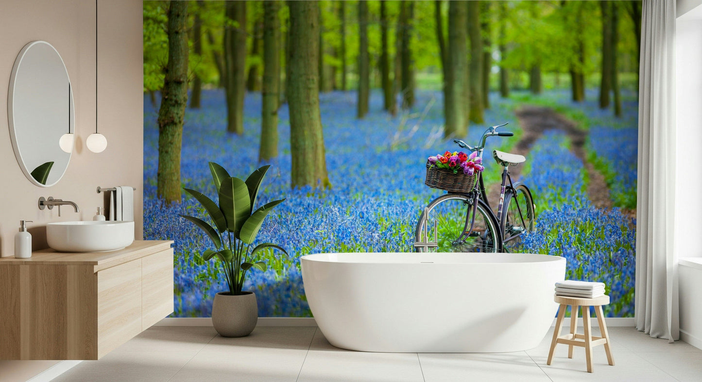 Forest Bike Ride motif, magical pathway through emerald trees wallcovering.
