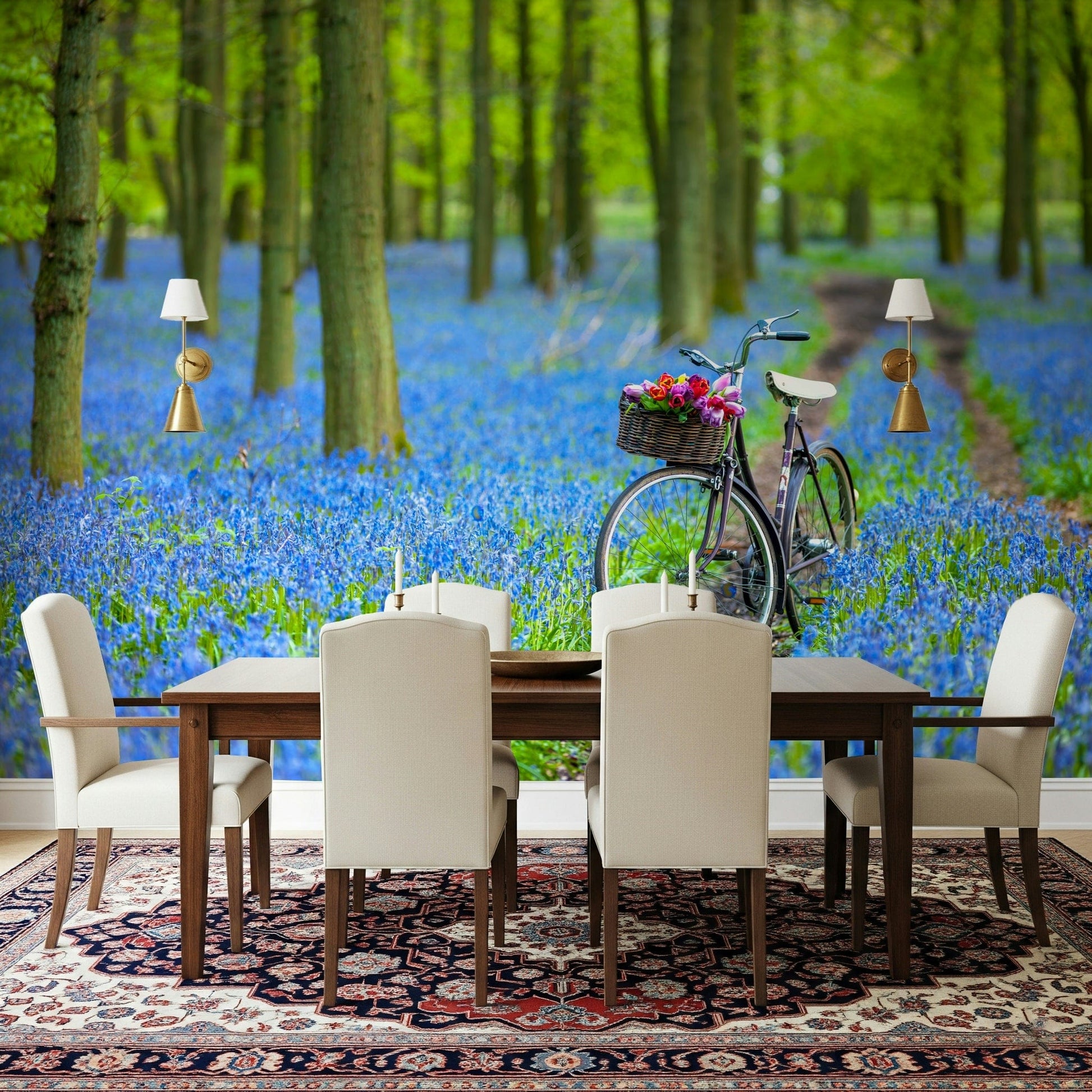 Idyllic Bluebell Meadow wallpaper, bicycle basket full of tulips art.