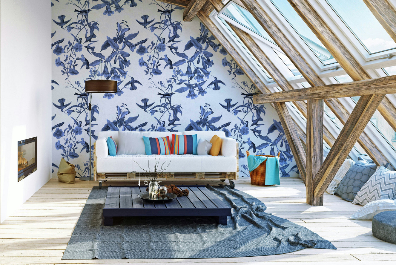 A beautiful serene floral wallpaper mural with subtle birds.

