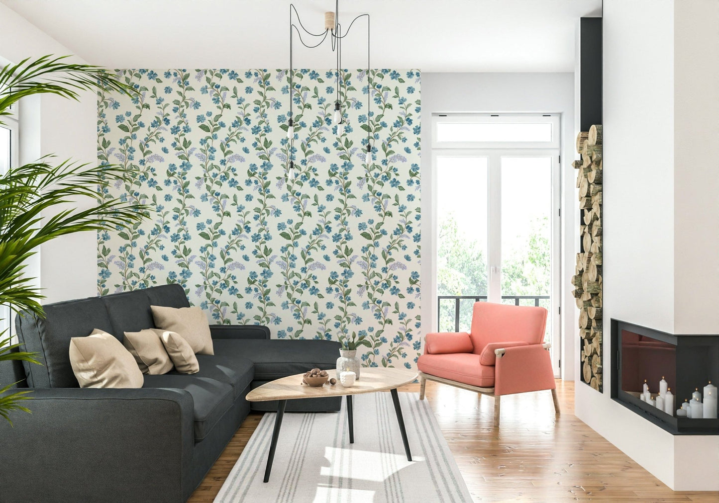 Elegant Bluebell Bloom paper accent wall lovely home styling choice.