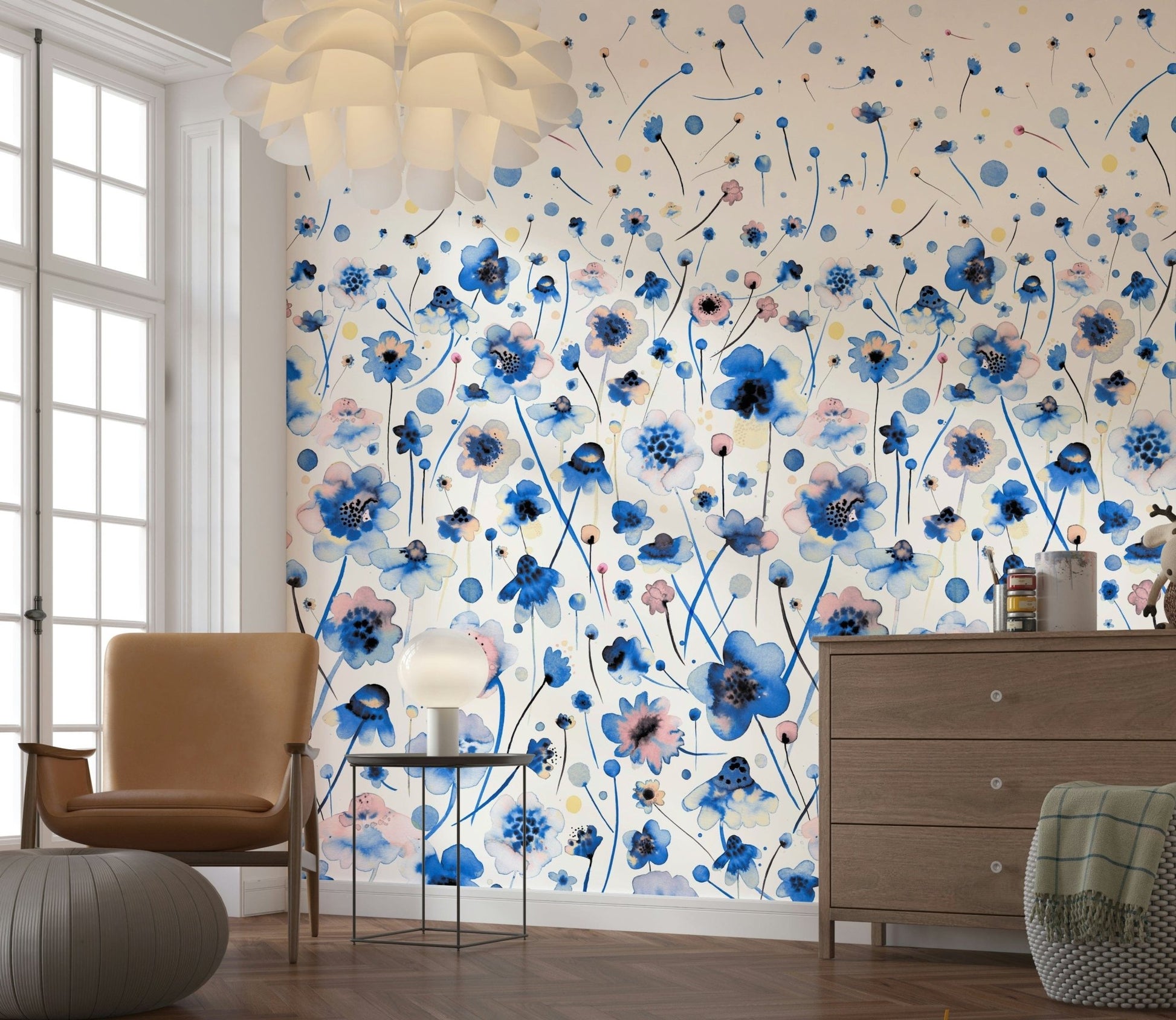 Bluebell Blush Wall Mural background for a bright home office