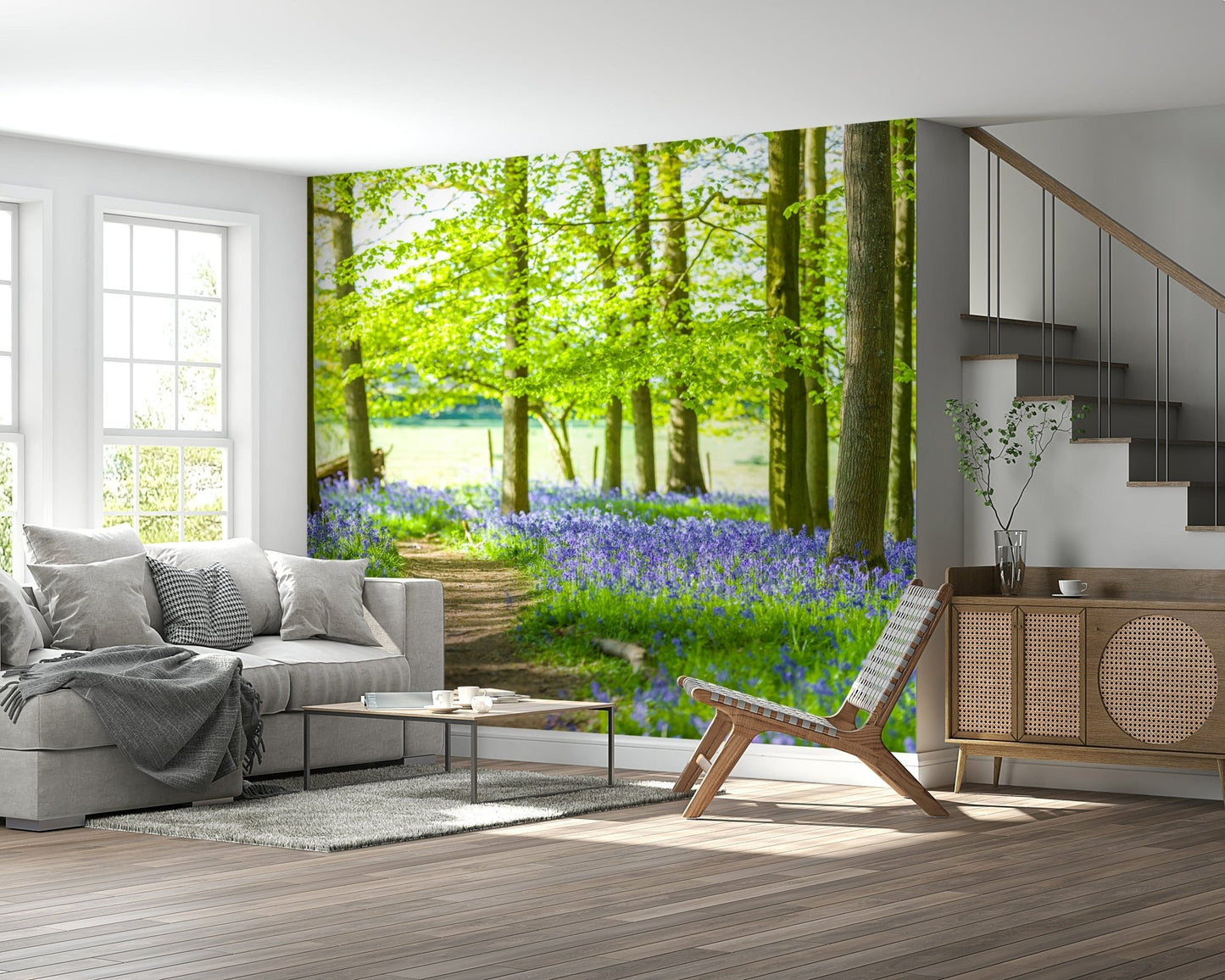 Scenic Bluebell Wonderland wallpaper winding dirt path deep woods