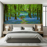 Modern apartment wall decor with azure landscape mural, cool colors and clean style
