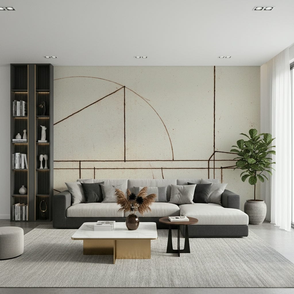 A peaceful modern abstract mural on decorative wallpaper.