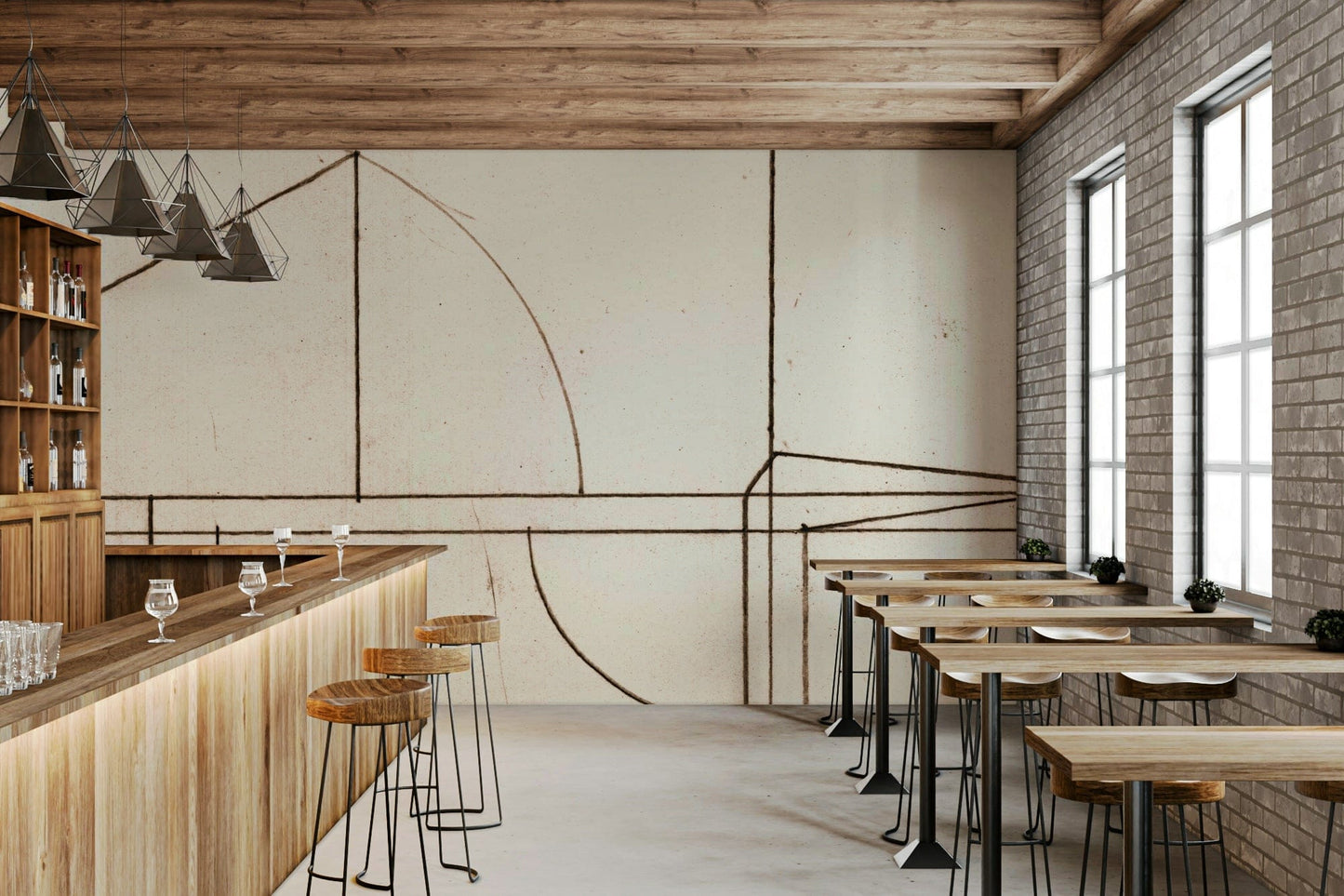 A beautiful architectural blueprint wallpaper mural with intricate drafting lines.