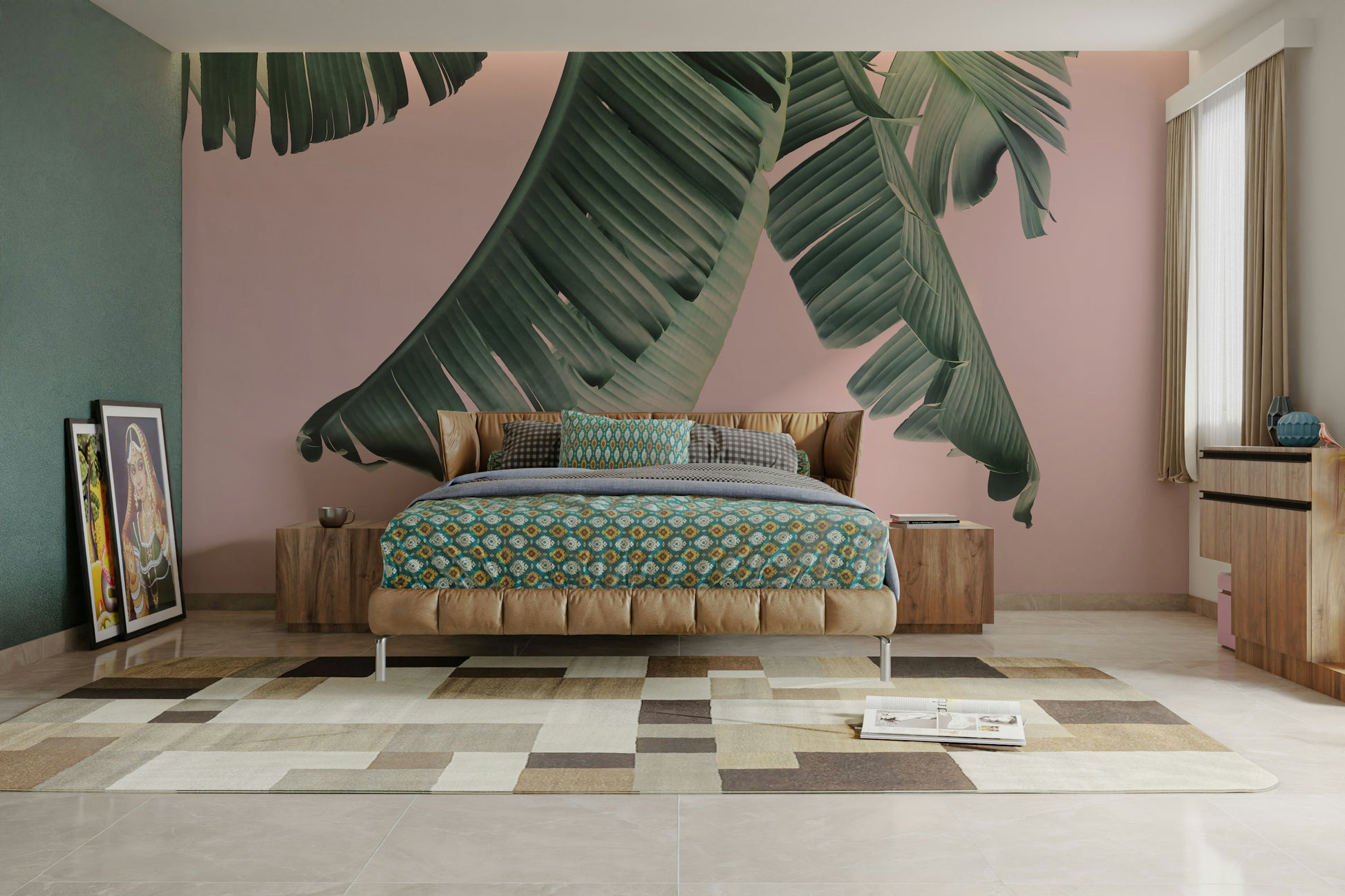 Fun and fresh wall mural with pink and yellow palette

