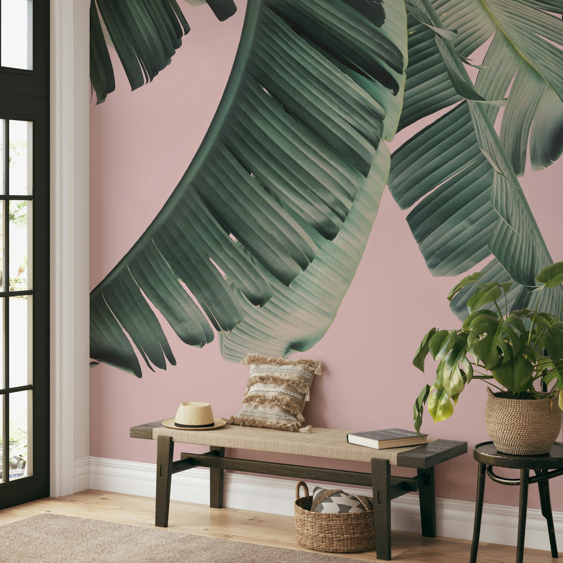 Bright and vibrant wall mural with yellow and pink

