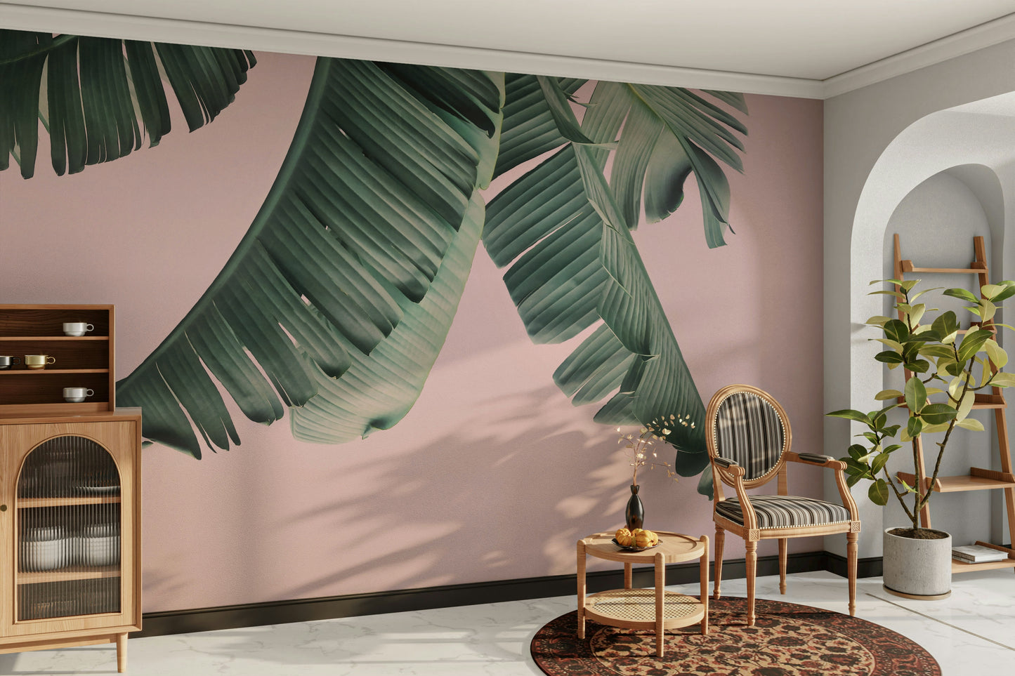 Playful mural wallpaper in blush and banana yellow

