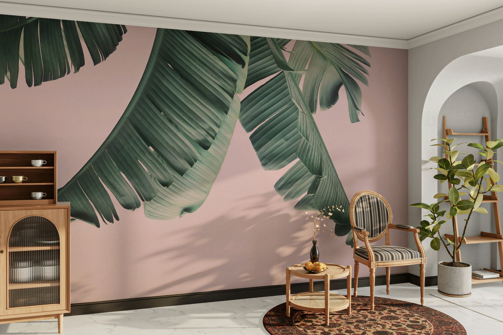 Playful mural wallpaper in blush and banana yellow

