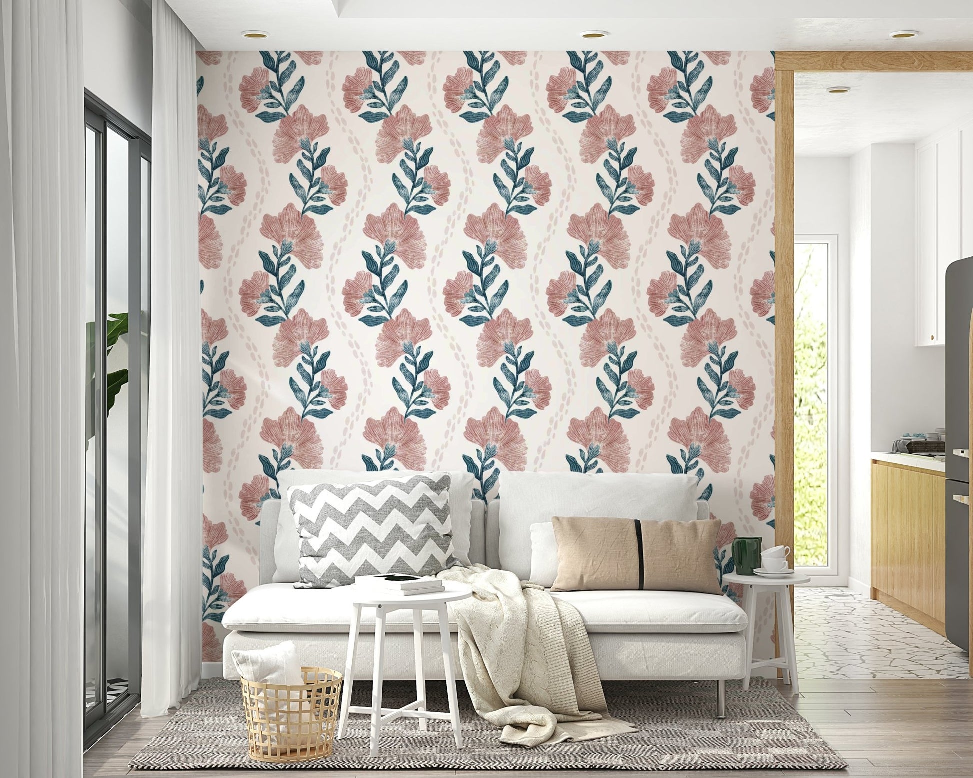 The image shows a repeating pattern of soft, blush-colored flowers.

