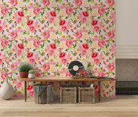 Blush Bloom Watercolor wallpaper above a wood console with vinyl records and woven baskets in an entryway