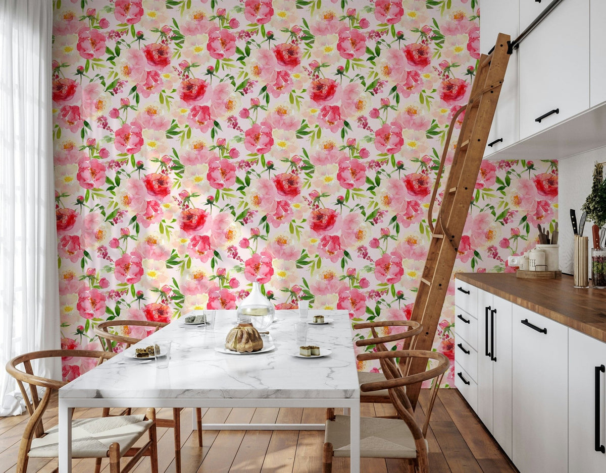 Blush Bloom Watercolor wallpaper in a kitchen with a white marble table and wishbone chairs