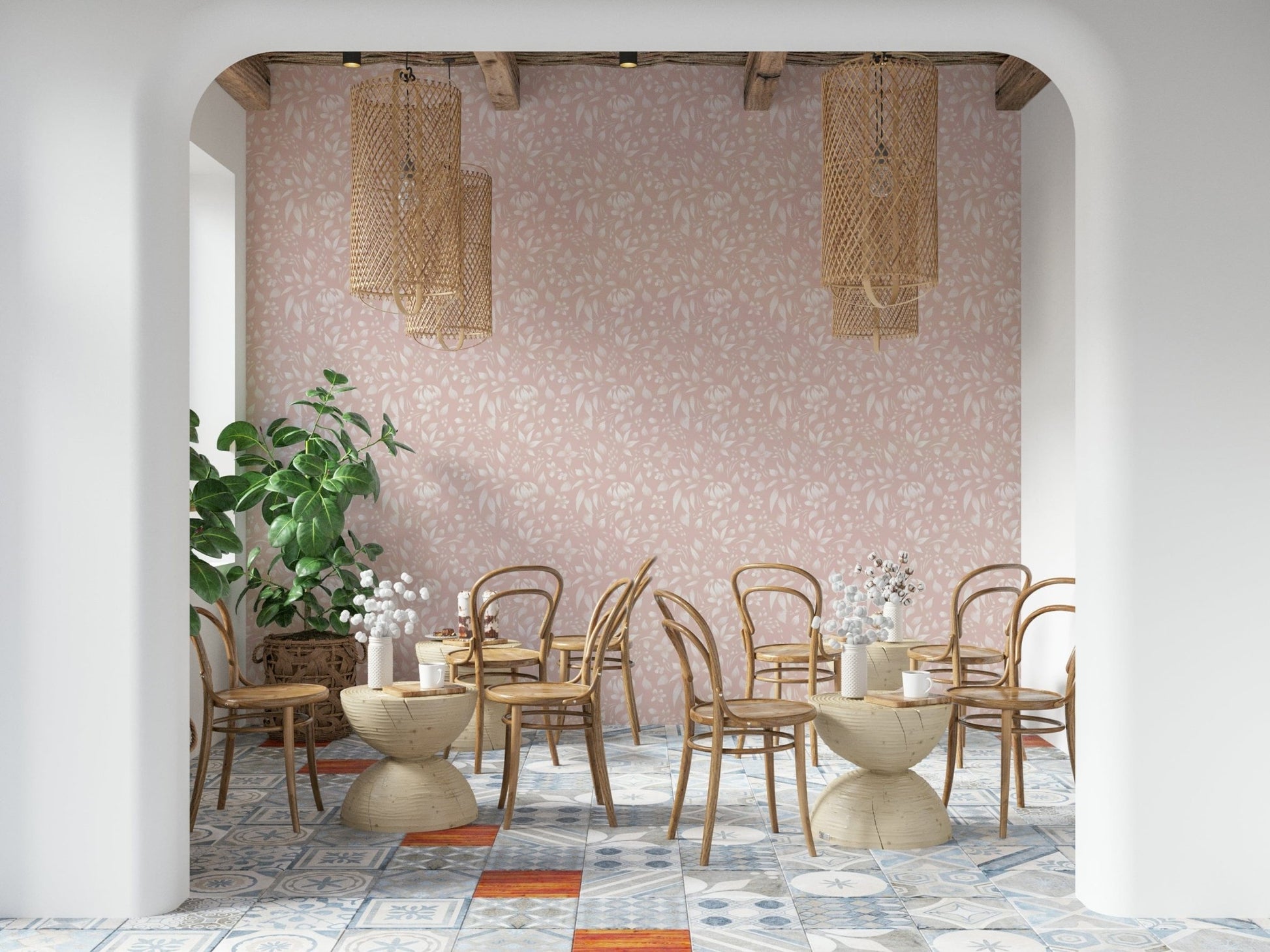 A calming blush wallpaper that displays a seamless arrangement of spring-inspired floral silhouettes.