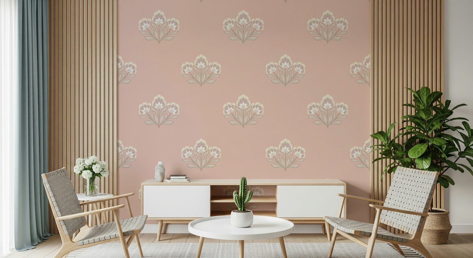 Muted pink wall covering, graceful flower bouquet, refined living space Blush Blooms.