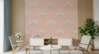 Muted pink wall covering, graceful flower bouquet, refined living space Blush Blooms.