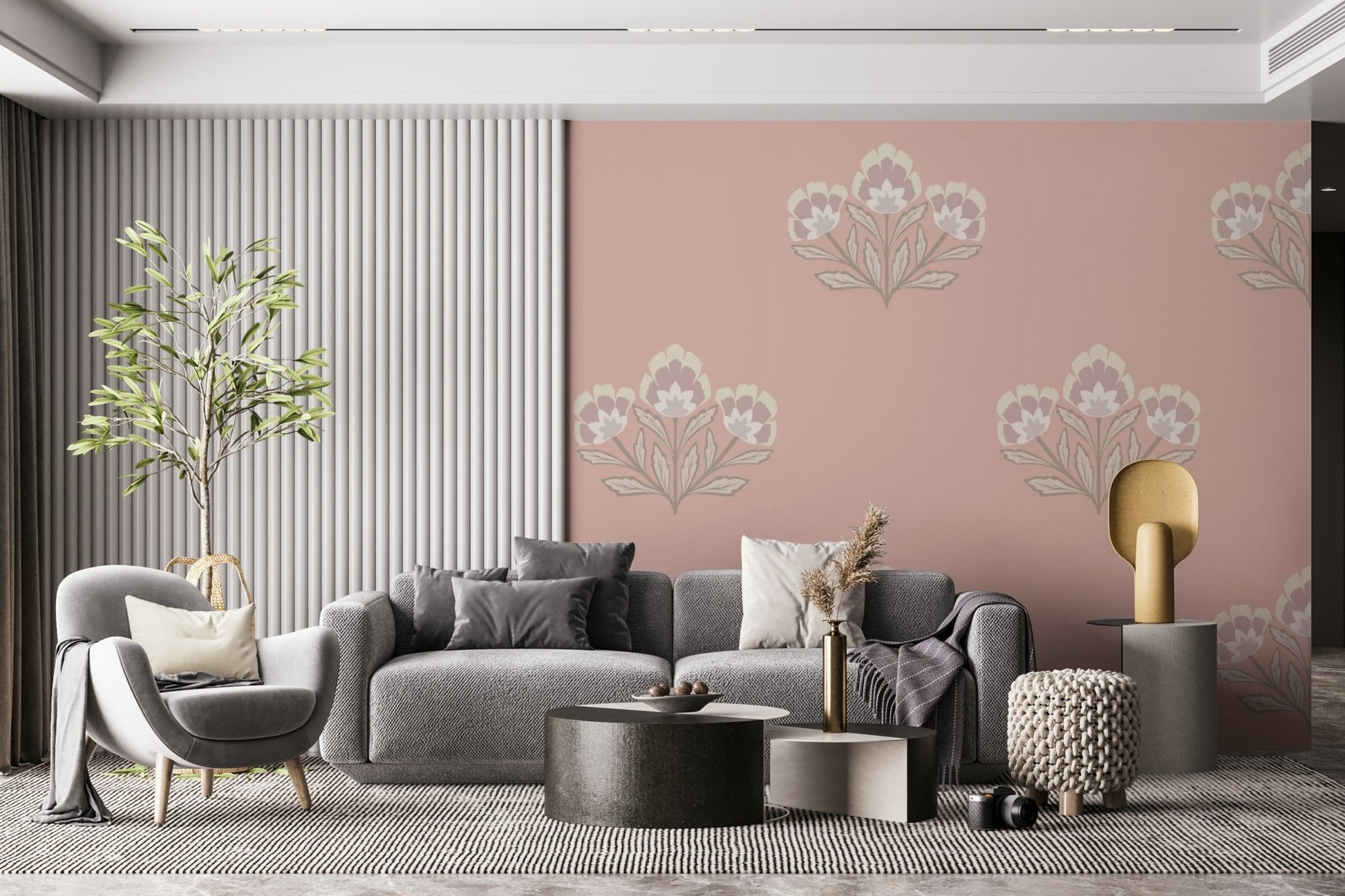 Sophisticated Blush Blooms design, bespoke feature wall mural, appealing interior.