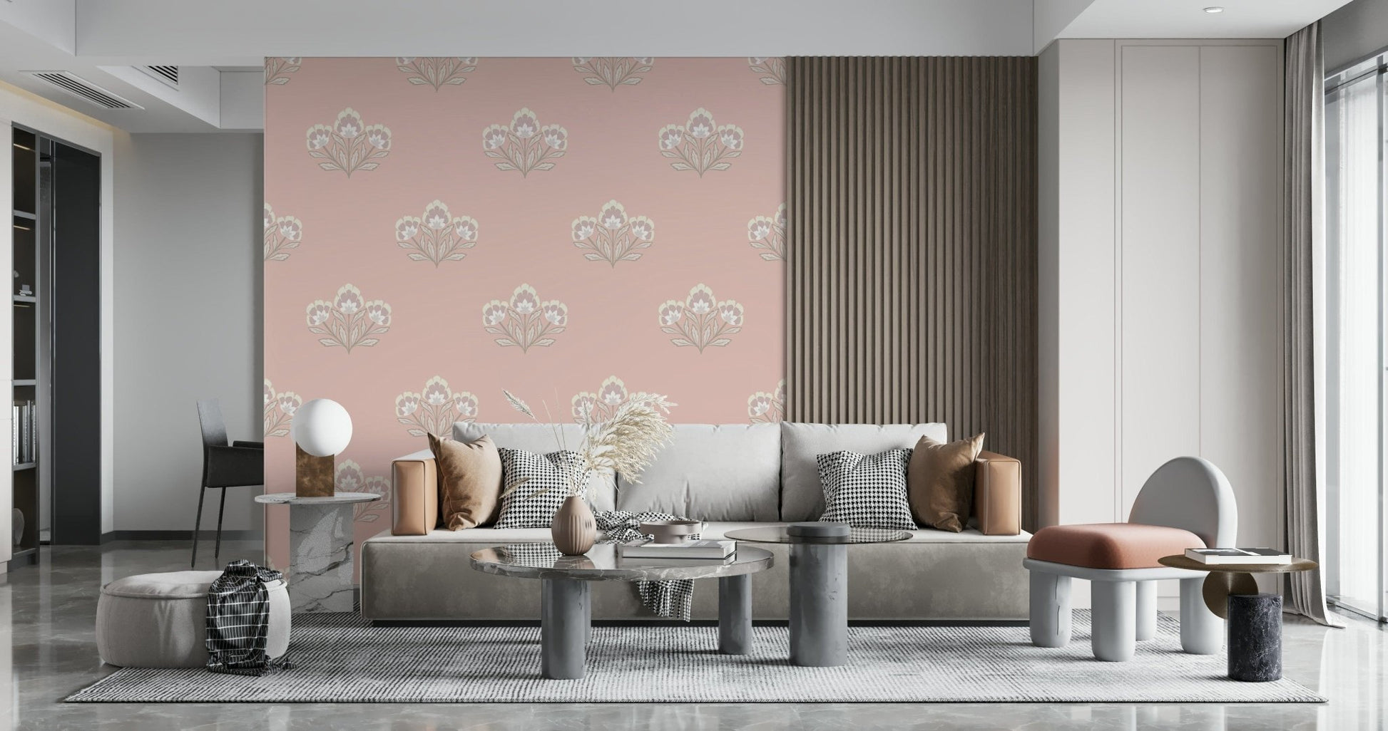 Blush Blooms print, subtle beige leaves, romantic bedroom wallpaper selection.