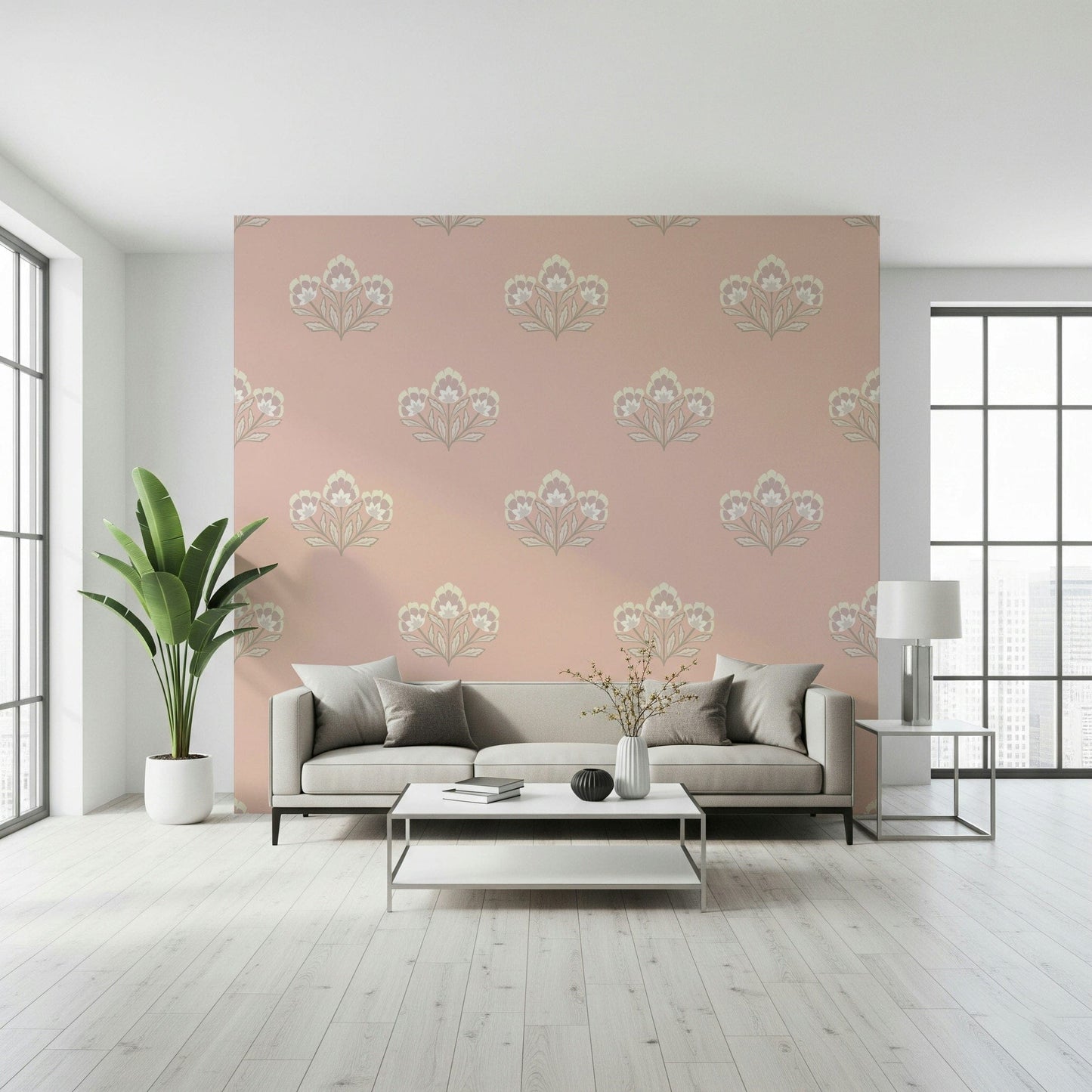 Stylish Blush Blooms pattern, heritage look wallpaper, comforting wall covering.