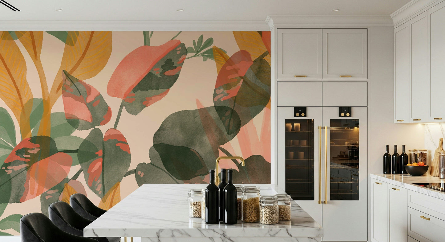 A peaceful flower design mural on decorative wallpaper.