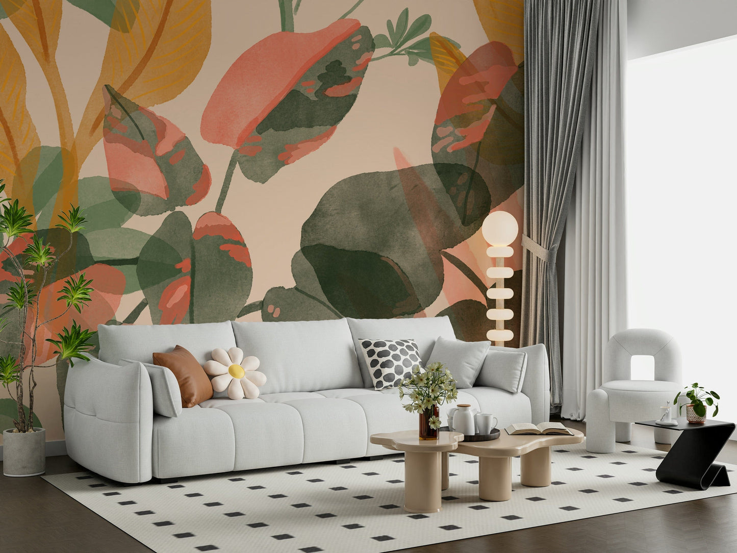 A graceful subtle bloom wall mural in soft, elegant tones.