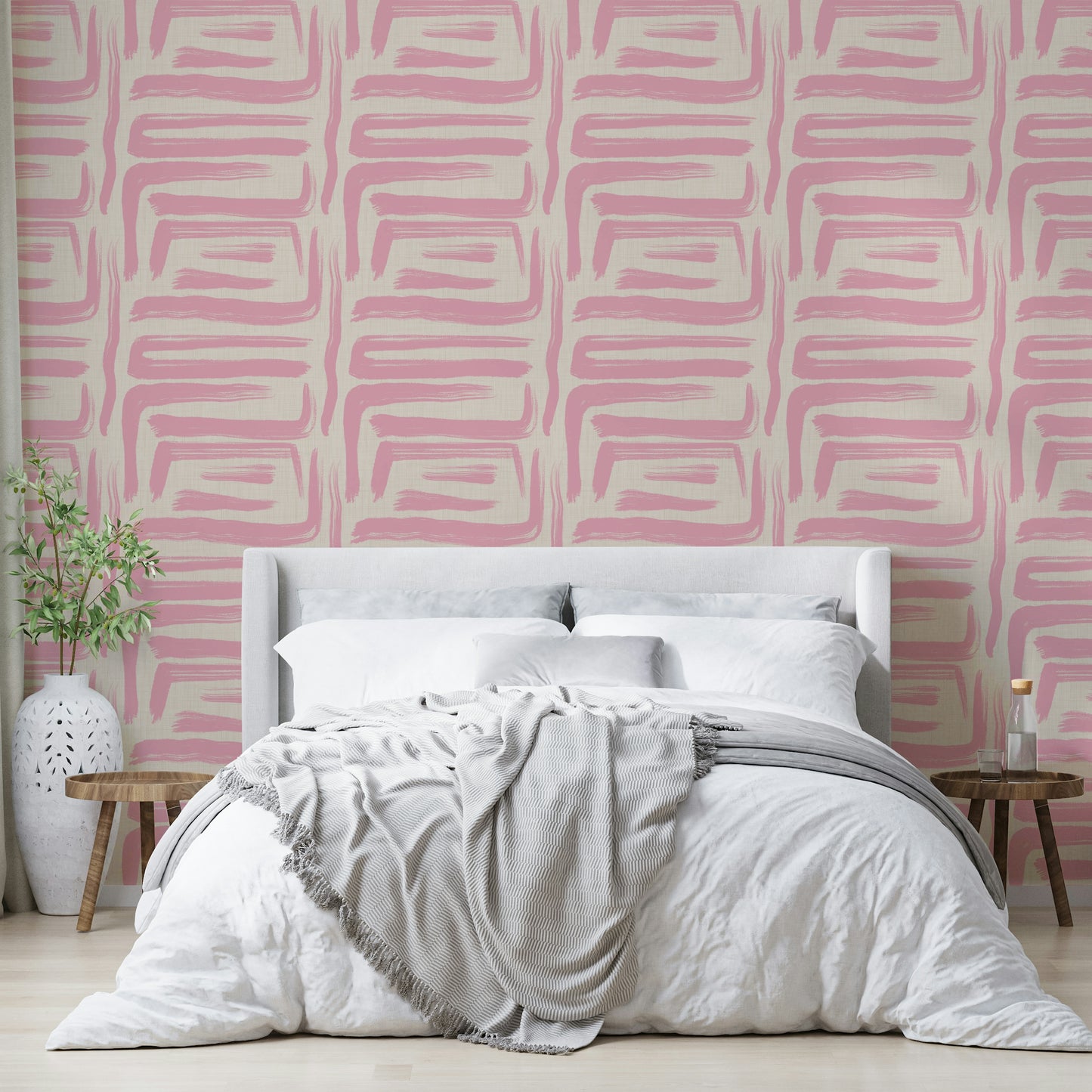 Blush-toned mid-century wallpaper with soft texture

