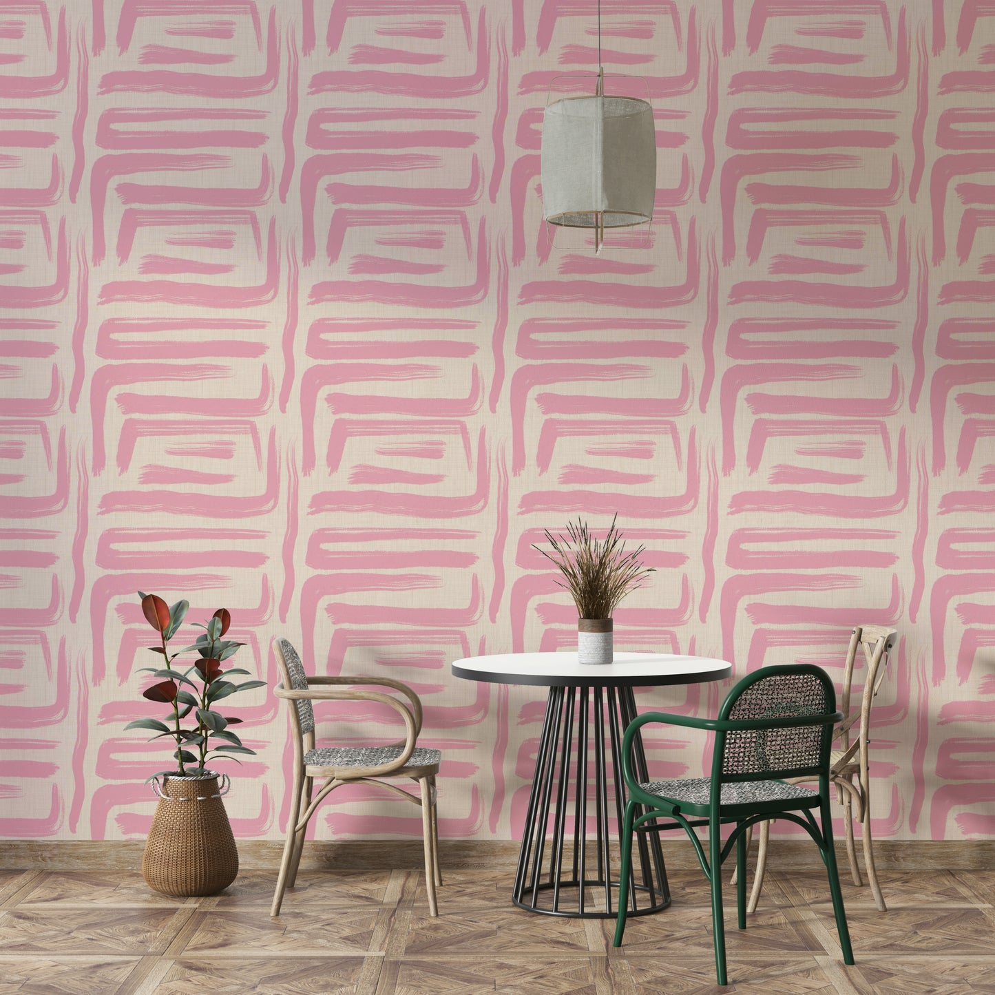 Mid-century modern wallpaper in soft blush tones

