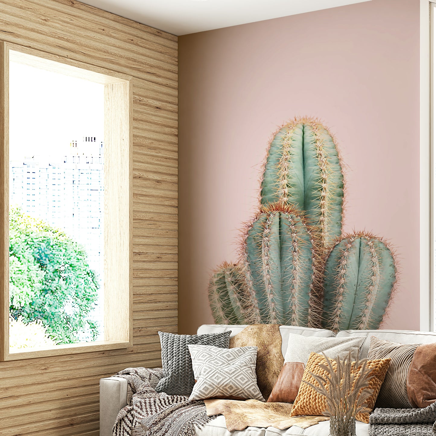 Soft cactus-themed wallpaper in light pink hues

