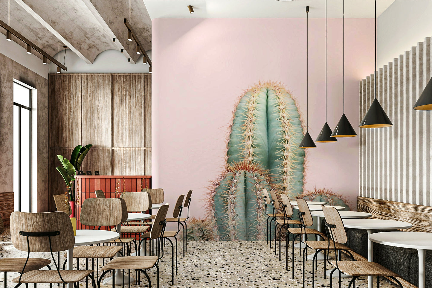 Subtle cactus wall mural in soft neutral palette

