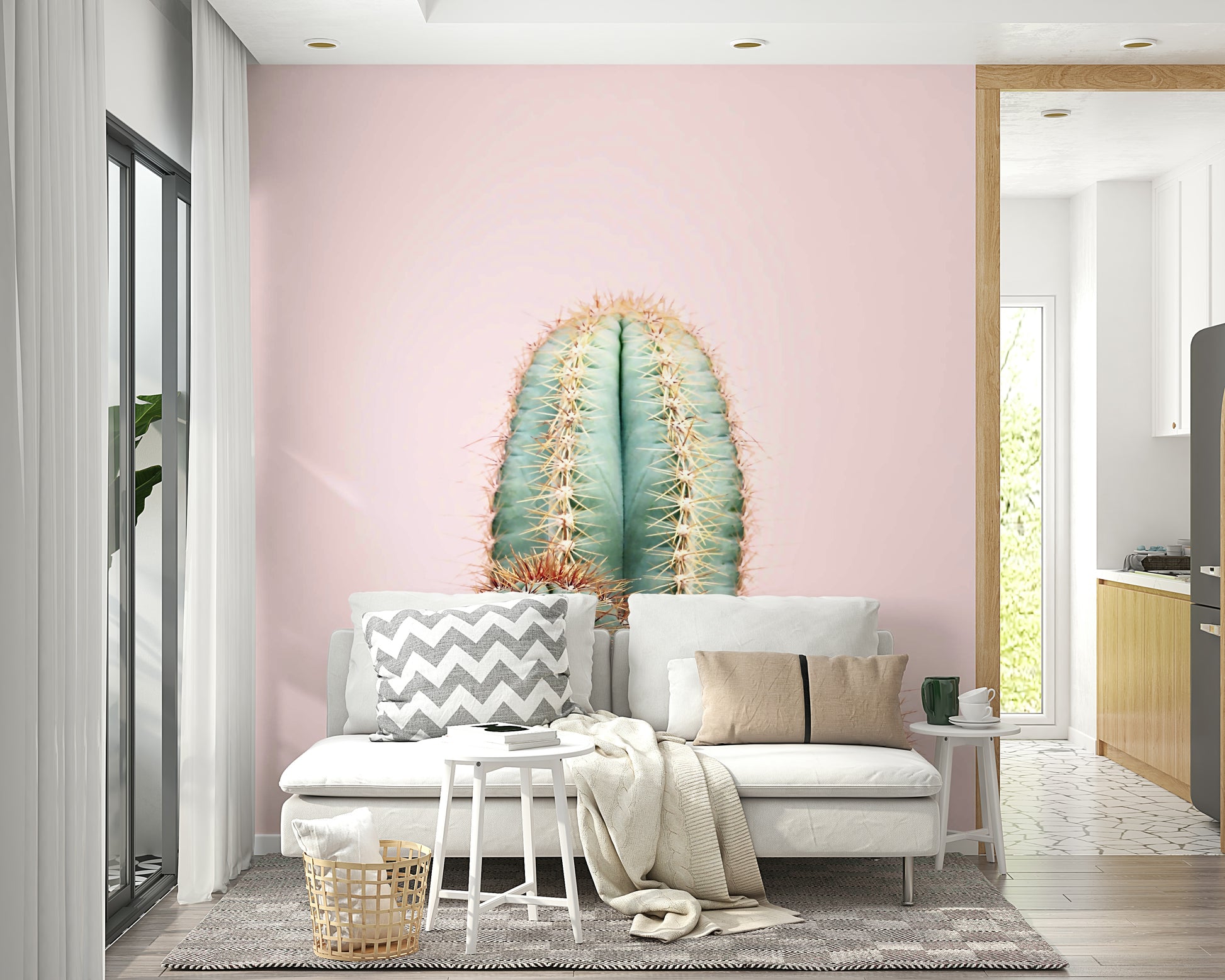 Cactus wallpaper in gentle blush and green hues

