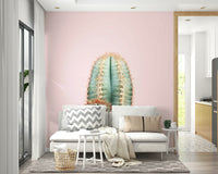 Cactus wallpaper in gentle blush and green hues

