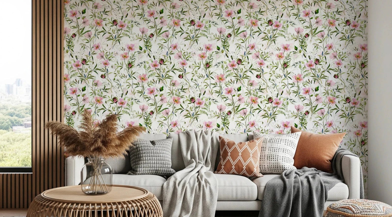 Blush Floral Dream wallpaper mural in a living room with a grey sofa, orange cushions and wood-slat wall