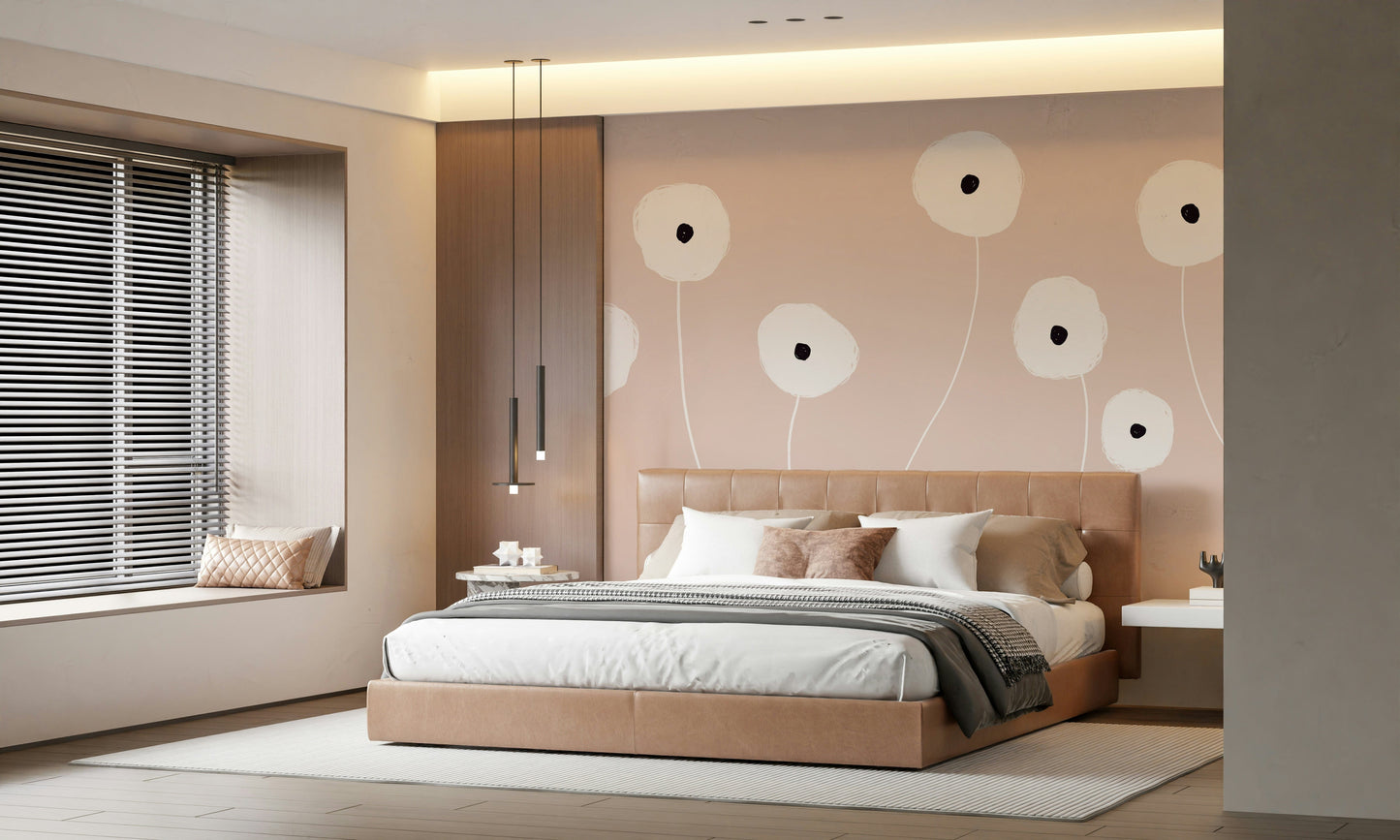 A graceful subtle bloom wall mural in soft, pink tones.

