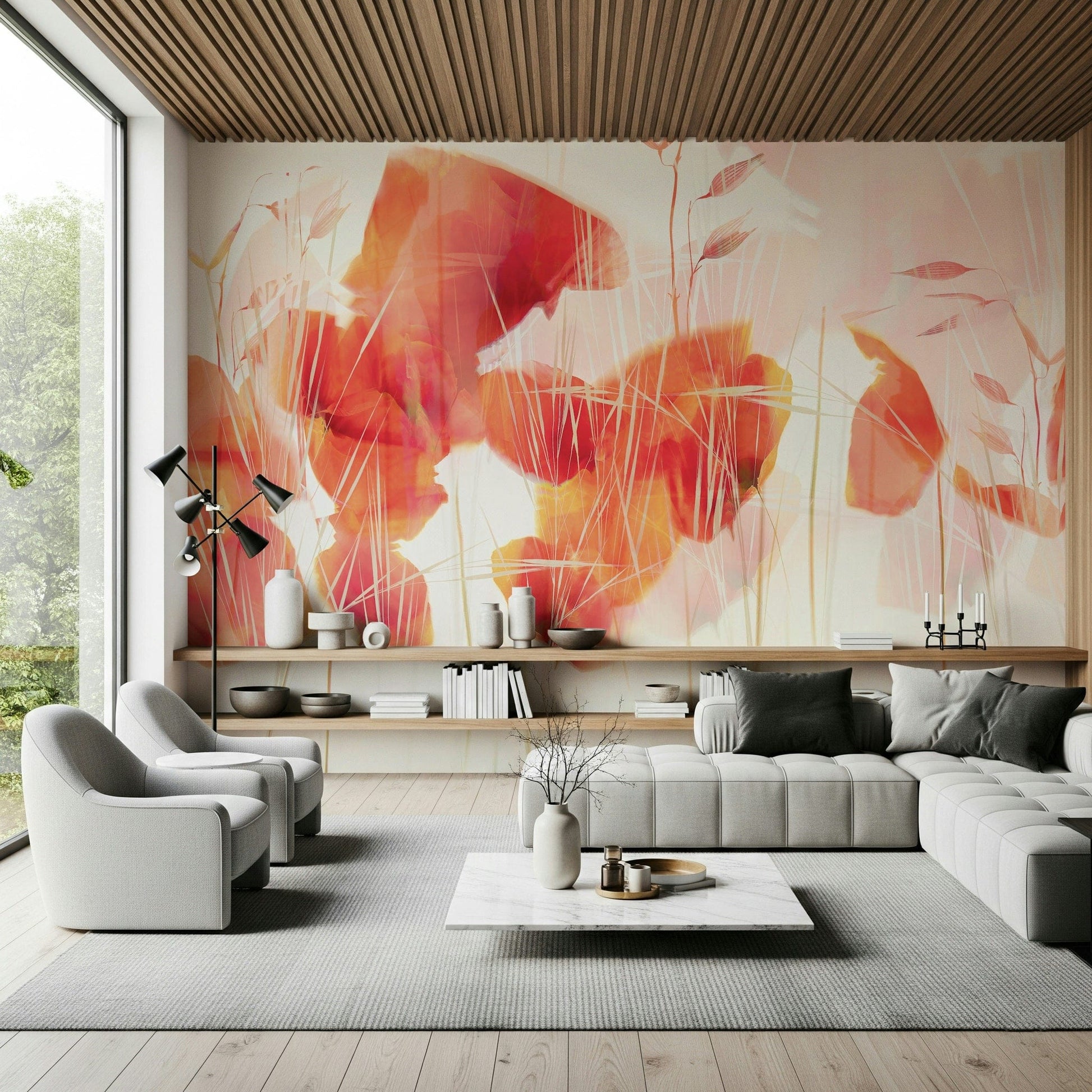 A peaceful flower design mural on decorative wallpaper.

