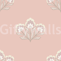 Rosy pink wallpaper, classic flower emblem, harmonious design element repeat.