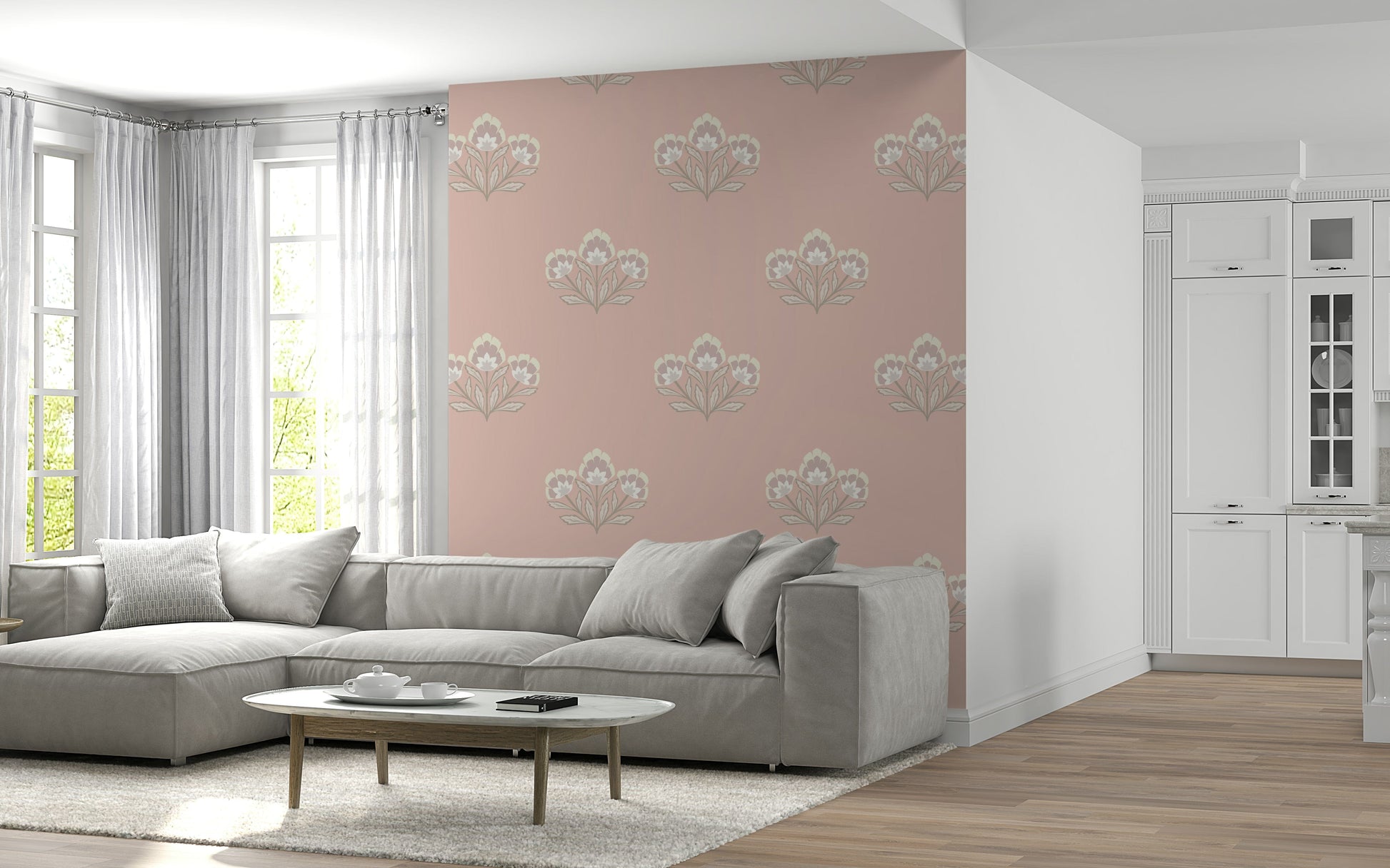 Artisan inspired wall mural, creamy blossom petals, peaceful aesthetic repeat.