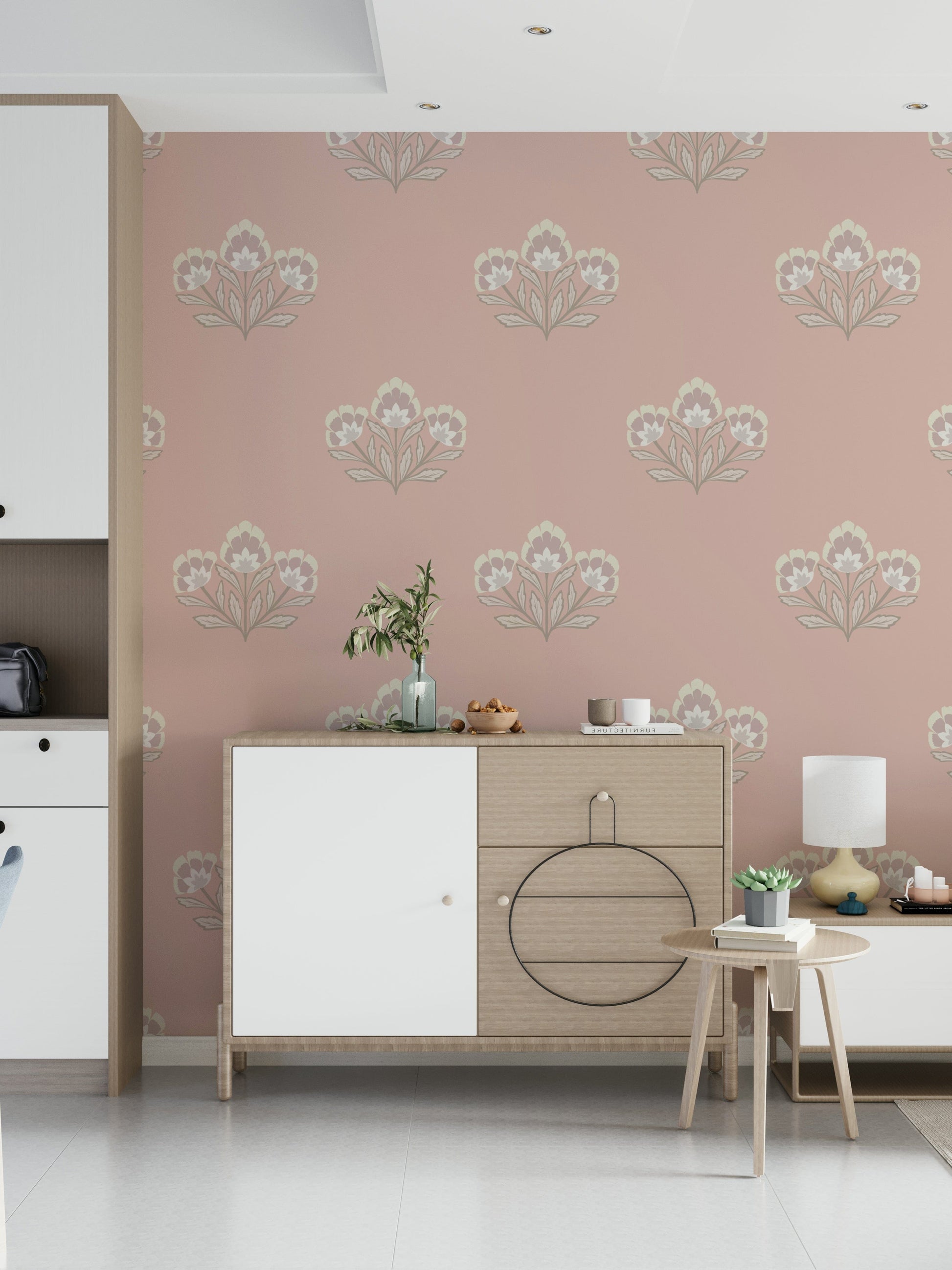 Gentle pink floral cluster, creamy accents, sophisticated wall mural creation.