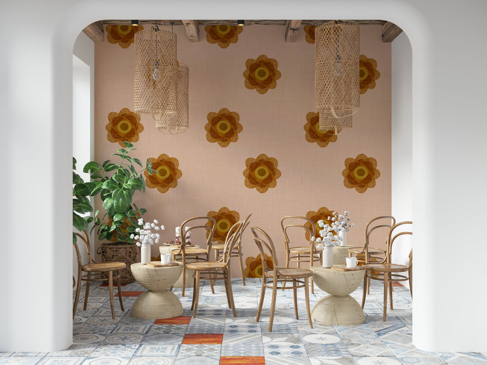 A beautiful Japandi floral wallpaper mural with blush pink and orange petals.