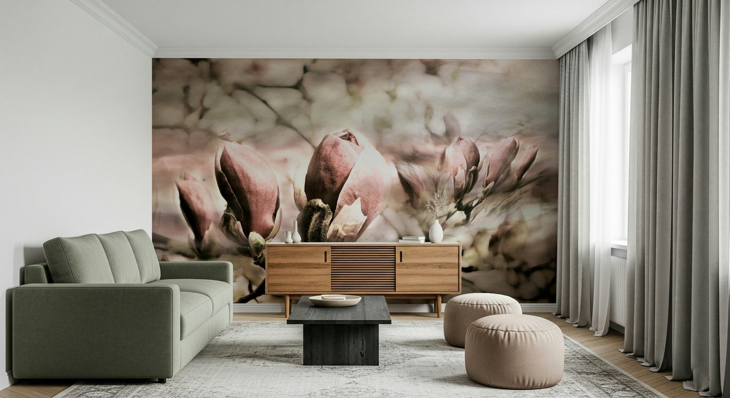 An artistic magnolia bloom mural on minimalist wallpaper.

