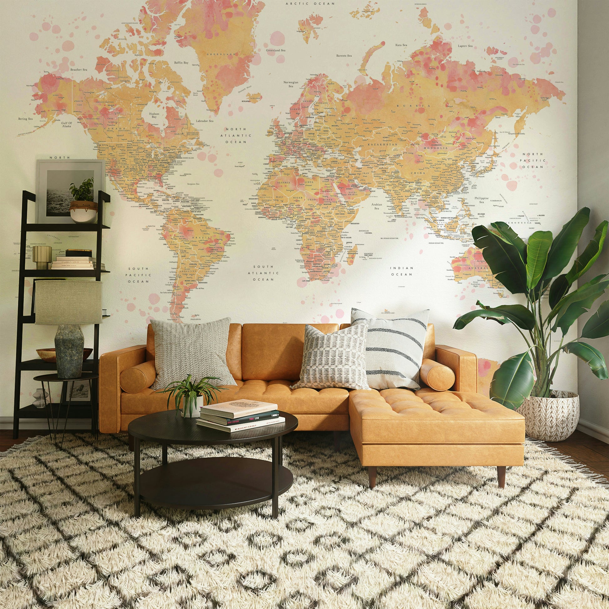 Blush pink map wallpaper for modern bedrooms

