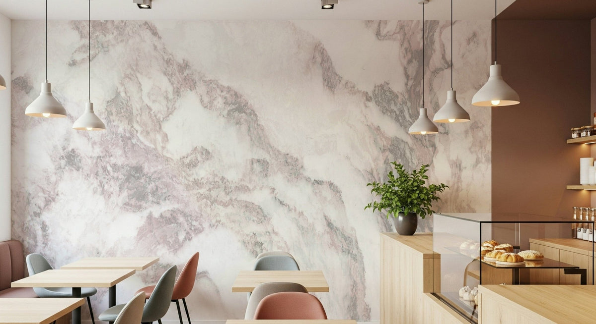 Blush Marble Elegance wallpaper mural in a cafe with wood tables, pastel chairs and a pastry display case