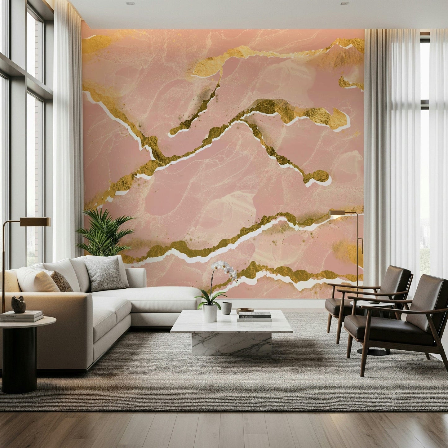 Modern Abstract Luxe Blush Marble Mural – Refined decorative wallpaper combining delicate blush textures and shimmering gold veins.