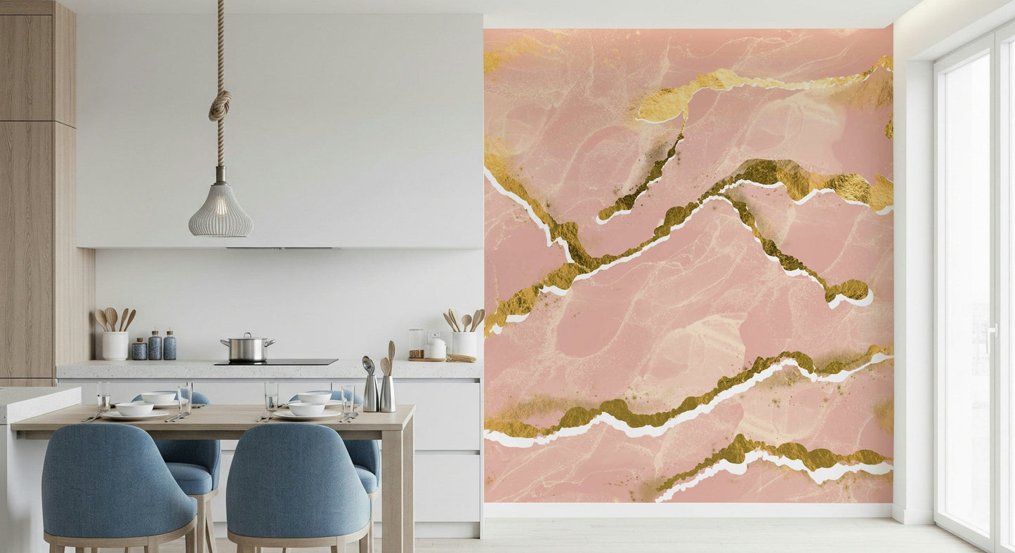 Soft Marble with Gold Accents Wall Mural – Sophisticated abstract wallpaper blending blush marble tones with subtle gold veining.