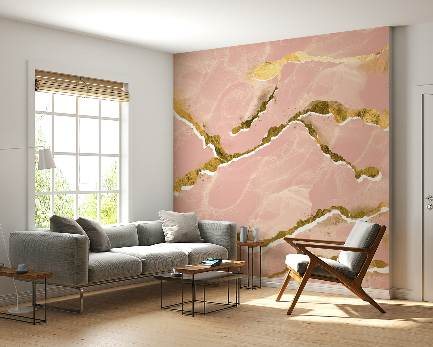 Golden Veined Blush Marble Wallpaper – Elegant wall design with natural blush marble textures enhanced with gold highlights.
