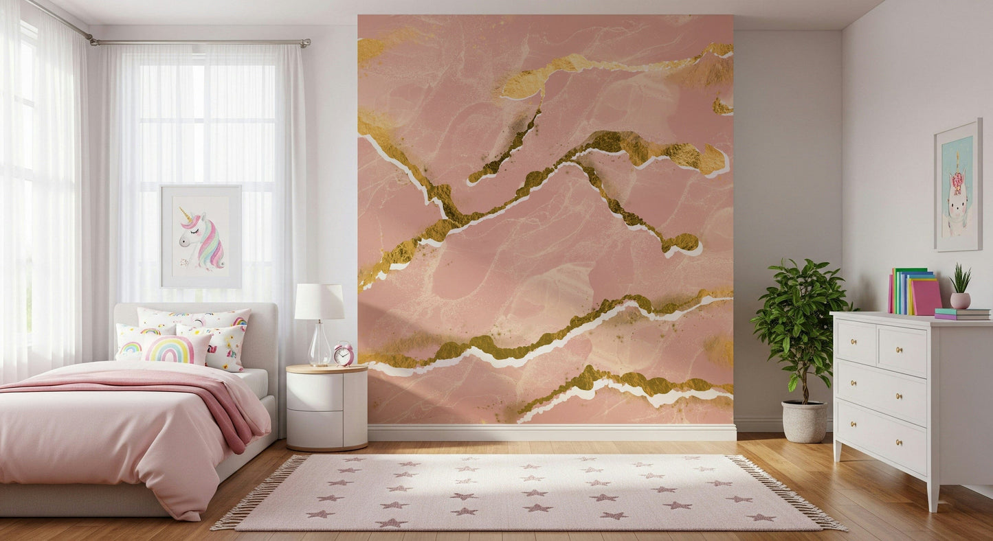 Gold-Accented Blush Marble Wallpaper – Decorative mural showcasing soft pink marble textures with metallic gold veining.